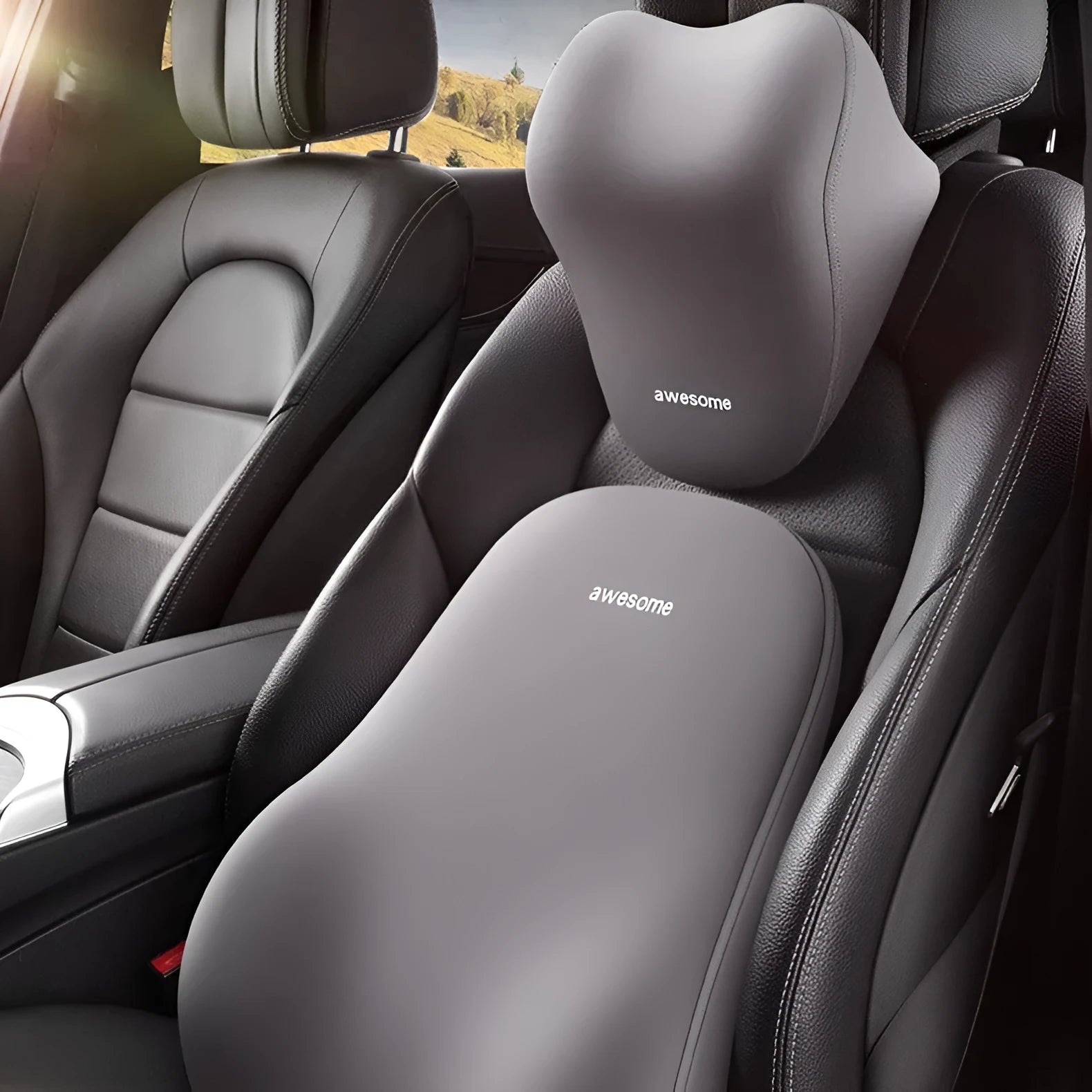 Y-black automotive headrest and lumbar support pillow set with memory foam filler on a car seat