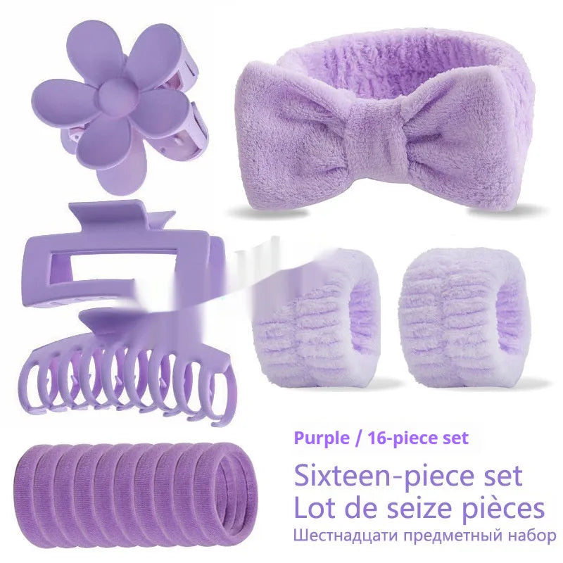 16-piece bow washing face hair band set with wrist strap, plaid pattern, multiple colours