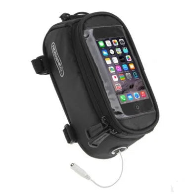 ROSWHEEL PVC bicycle frame bag phone holder for iPhone in black, mounted on bike handlebars.