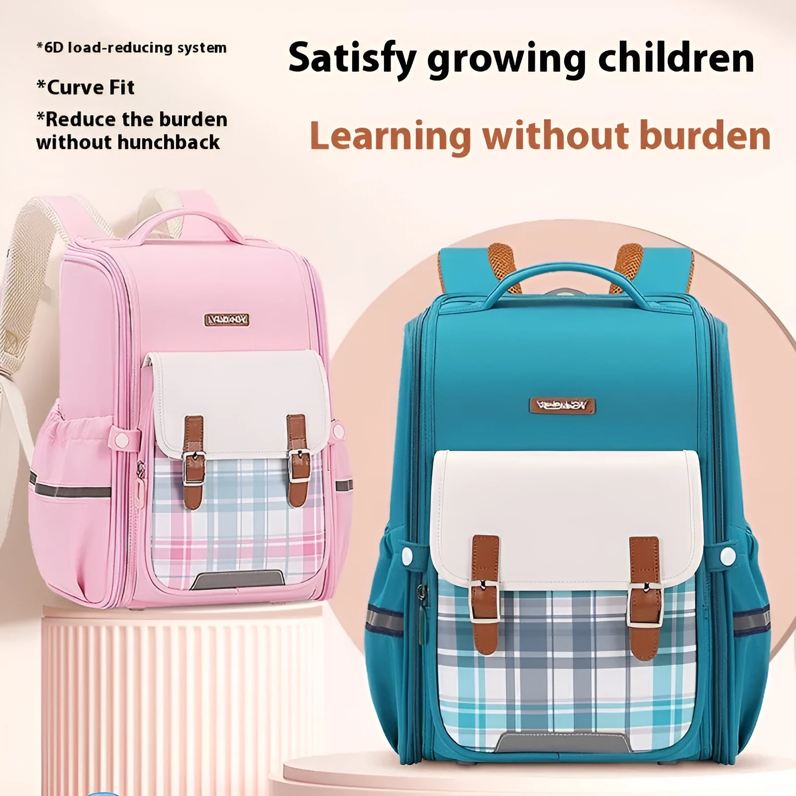 Lightweight Oxford cloth school backpack for students in navy blue, royal blue, pink, green and beige colours
