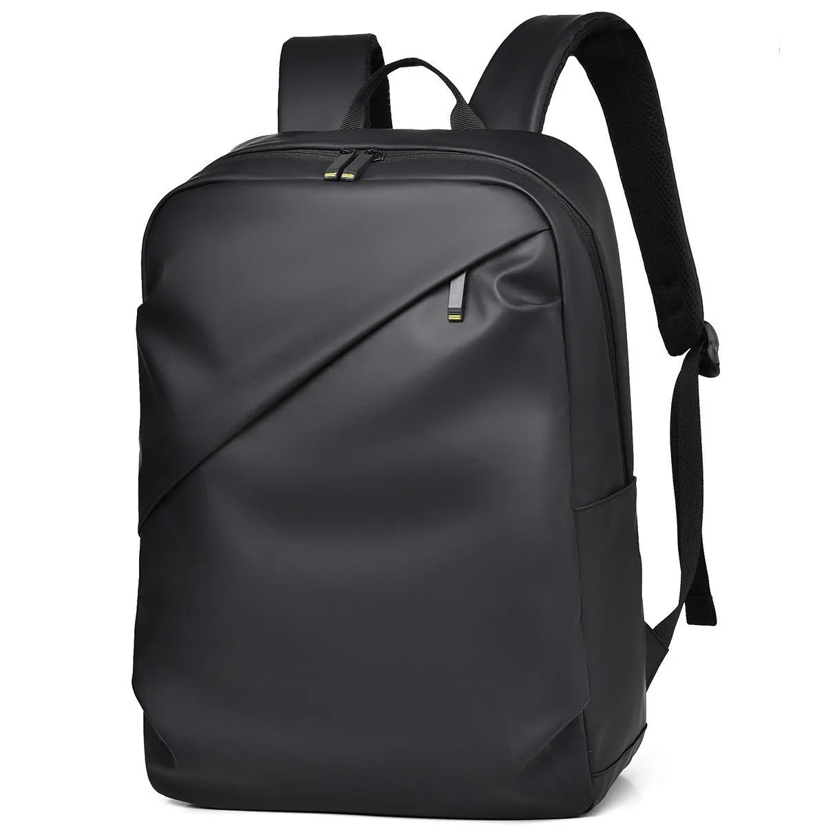 Waterproof PU leather backpack with laptop compartment in black, blue, and grey colour options