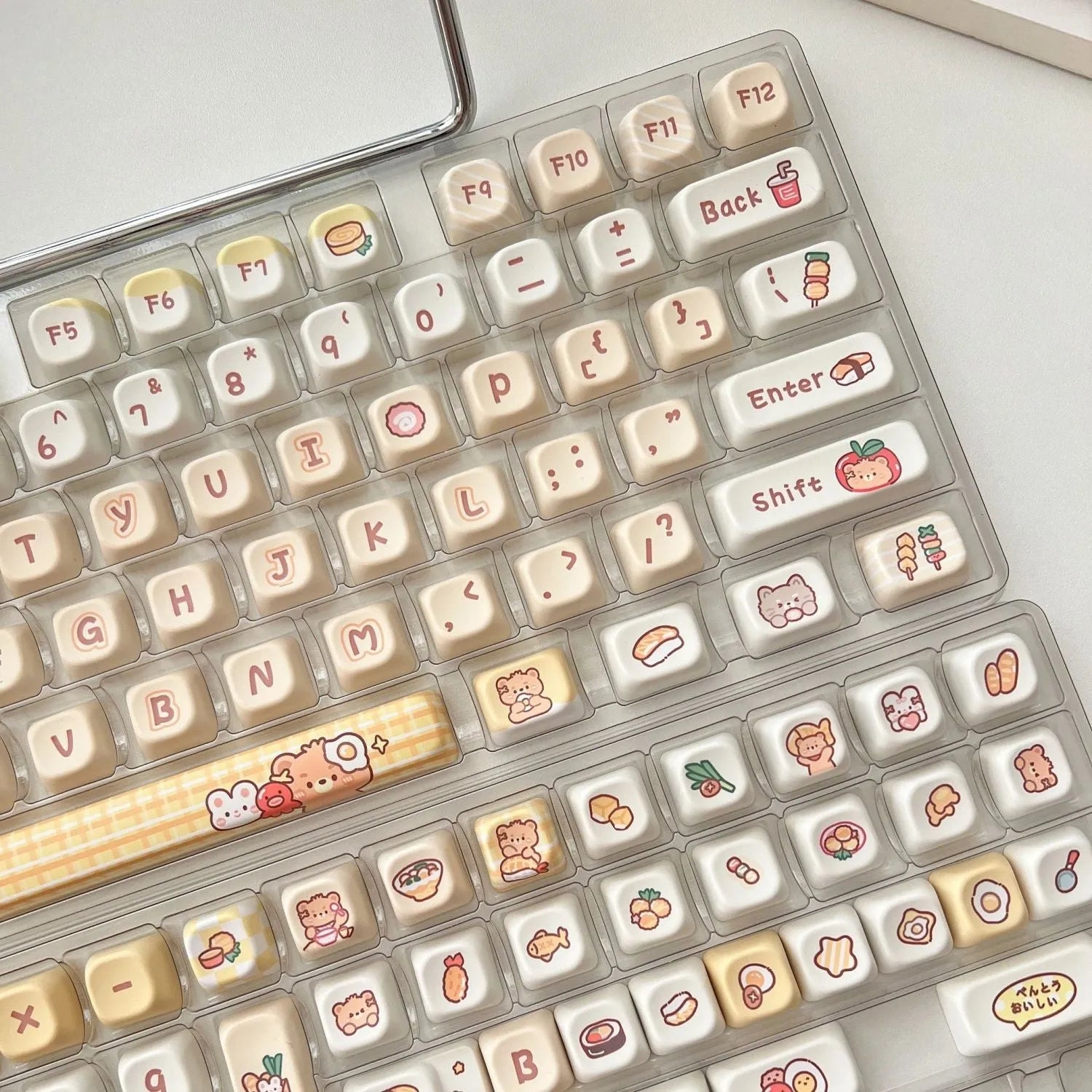 Set of 140 PBT plastic keyboard keycaps with Rabbit Bear Restaurant design in EOA height profile.