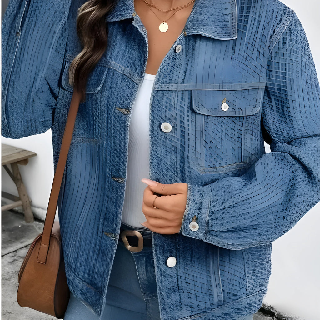 Blue double flap pocket denim textured button down jacket for women front view