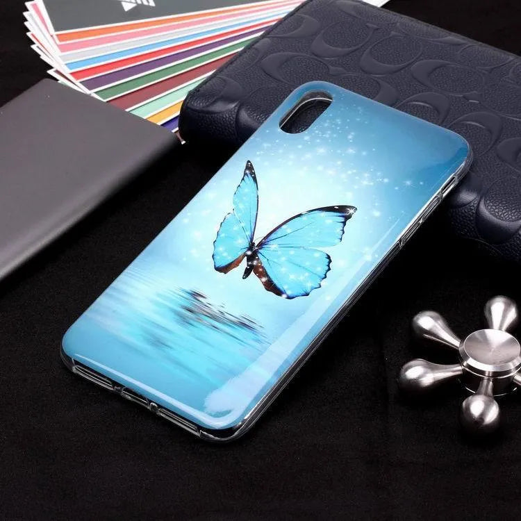 Luminous phone case with glowing butterfly design and colourful cartoon animal motifs