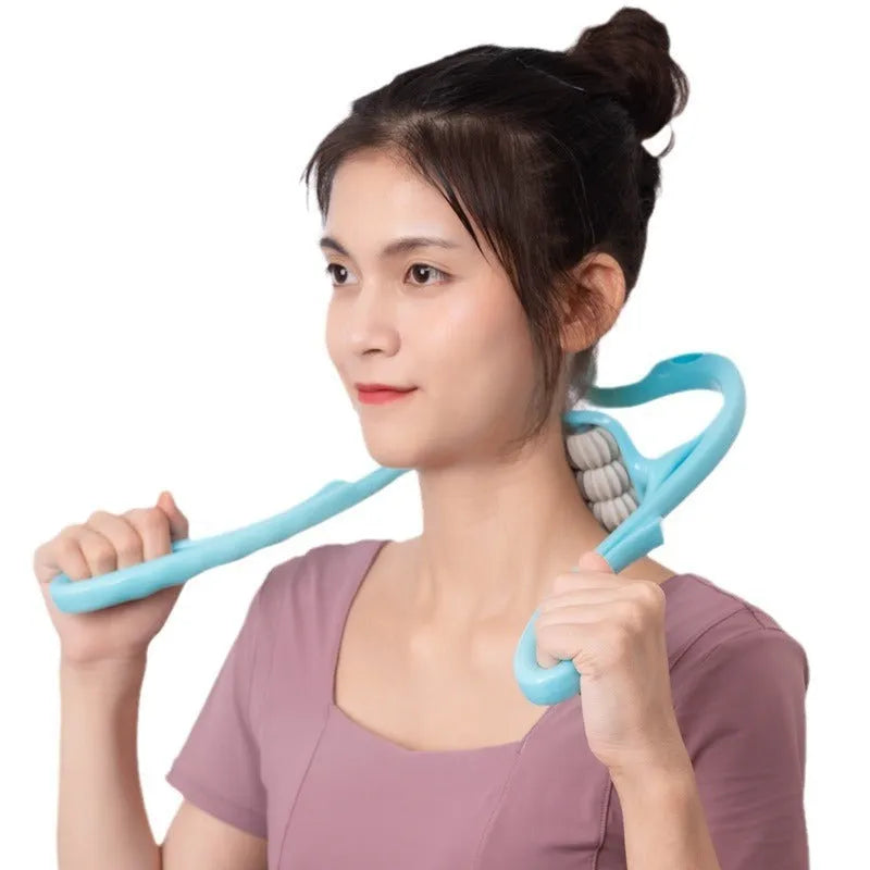 Blue plastic handheld massager with six rotating wheels for neck, shoulder, and back.