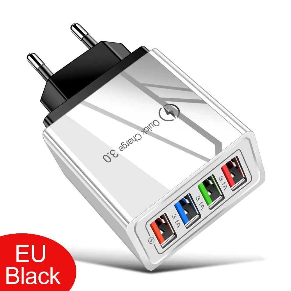 Black and white multi-port USB wall charger with luminous light indicator and UK three-pin plug