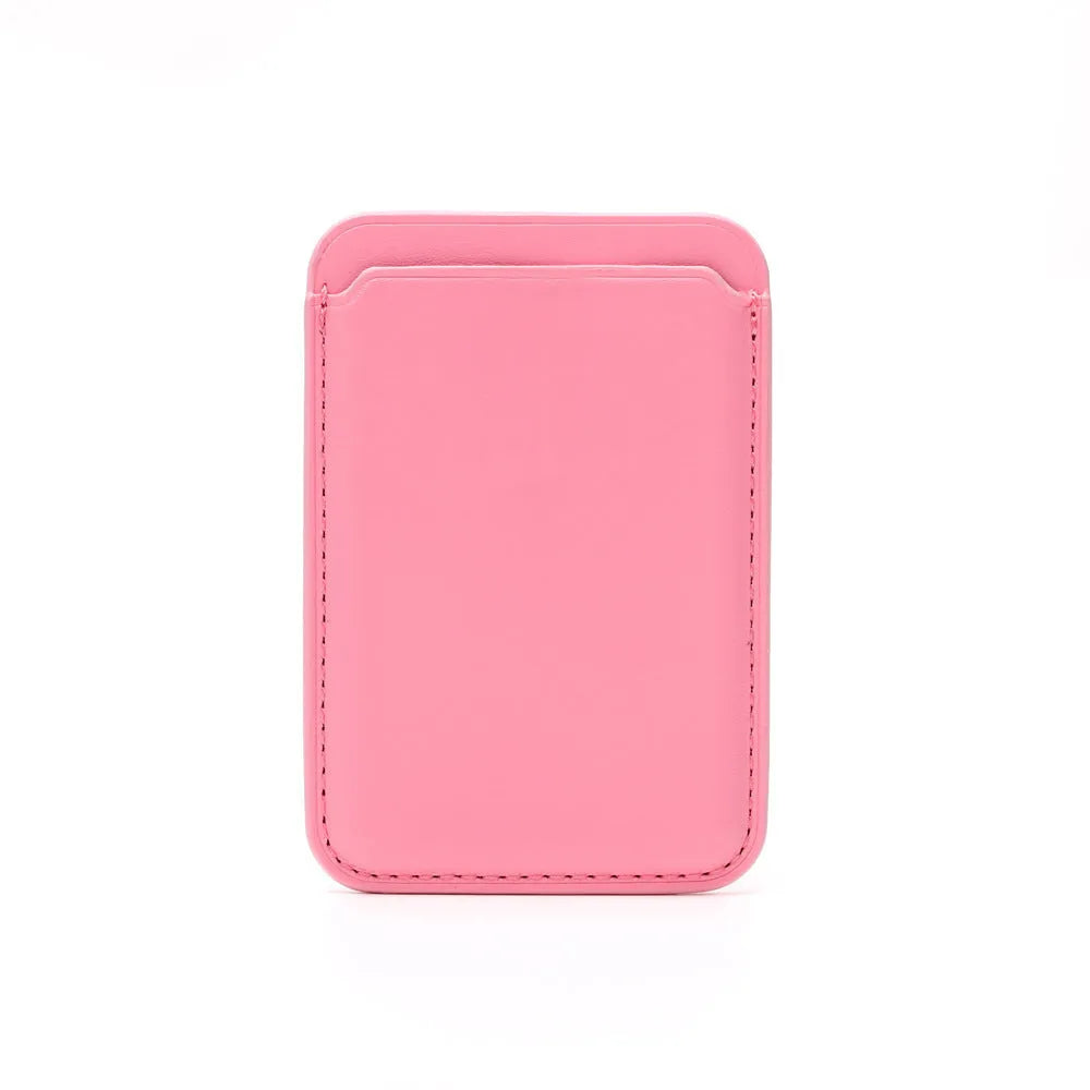 Magnetic PU leather card holder case for iPhone in various colours on a table.