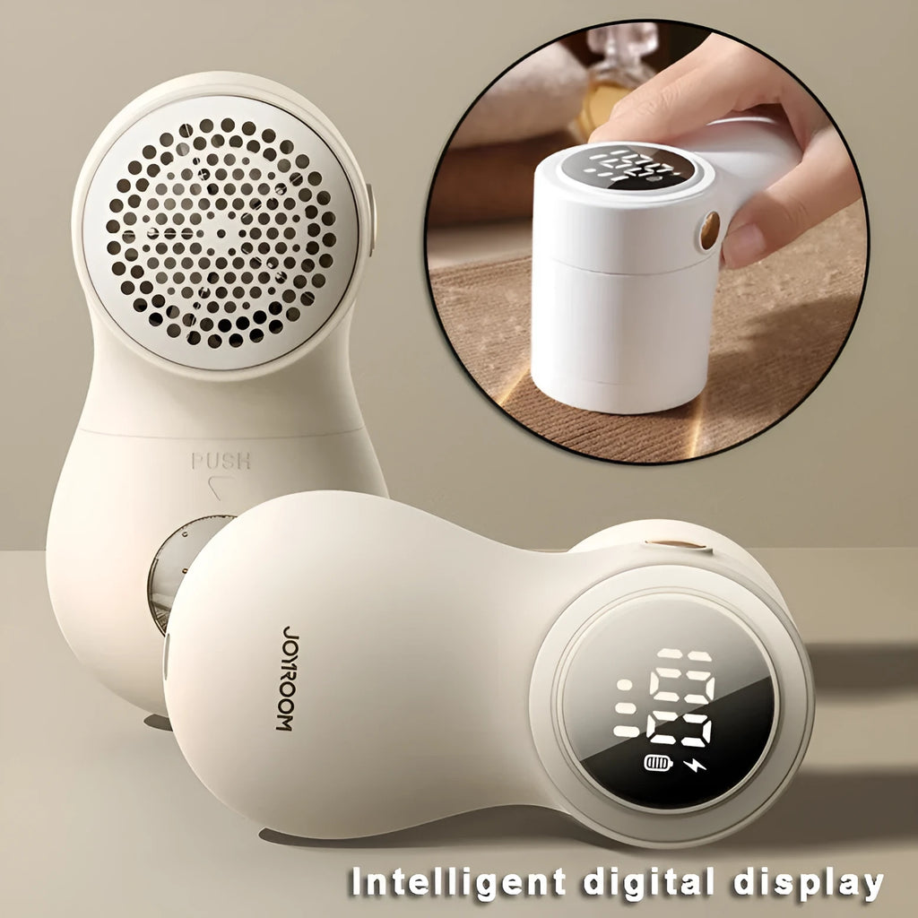 White electric lint remover with LED display showing fabric shaver dimensions