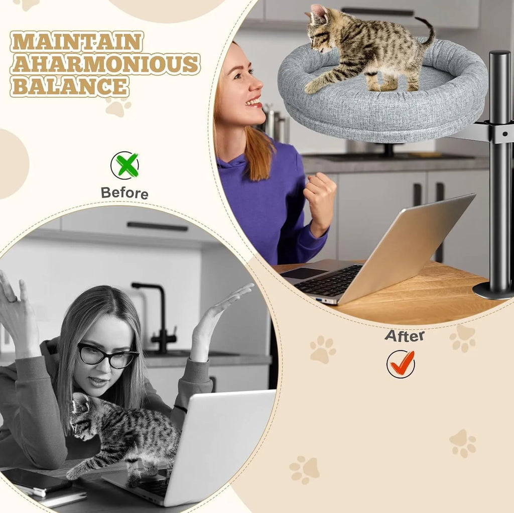 Round cloth cat nest with rotating base and adjustable height, available in brown or gray colour options