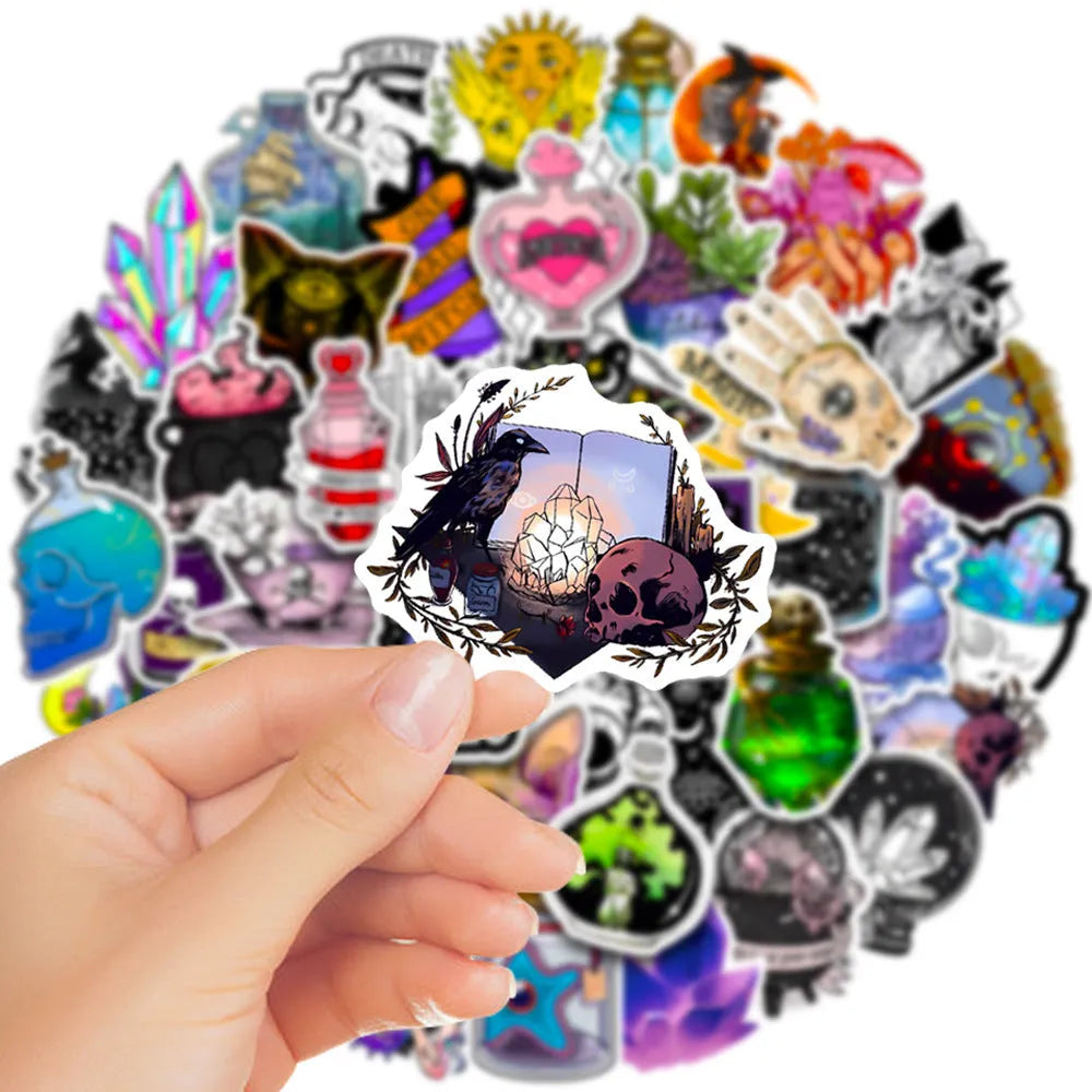 Pack of 50 colourful waterproof PVC stickers for luggage and scooter personalisation.