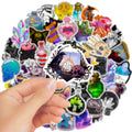 Pack of 50 colourful waterproof PVC stickers for luggage and scooter personalisation.