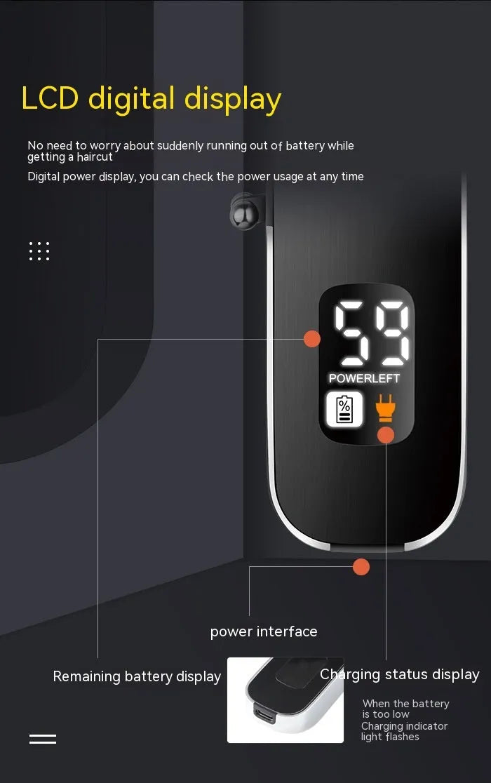 USB charging electric clipper with digital display and double cutter head, includes T-blade and carving cutter