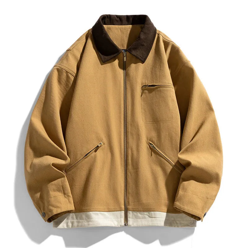 Men's loose-fit Korean-style workwear jacket with contrast colour lapels and side pockets