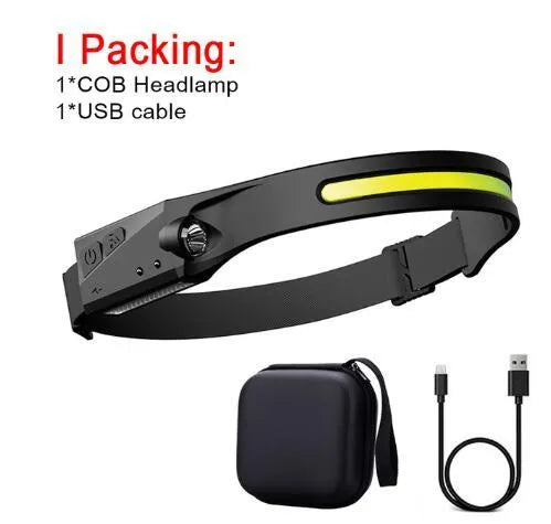 Black silicone USB rechargeable headlamp with side wave sensor and dual LED lights for wide and long-distance illumination.