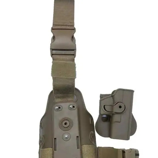 Black tactical plastic leg holster with quick-pull flap and MOLLE webbing on a belt.