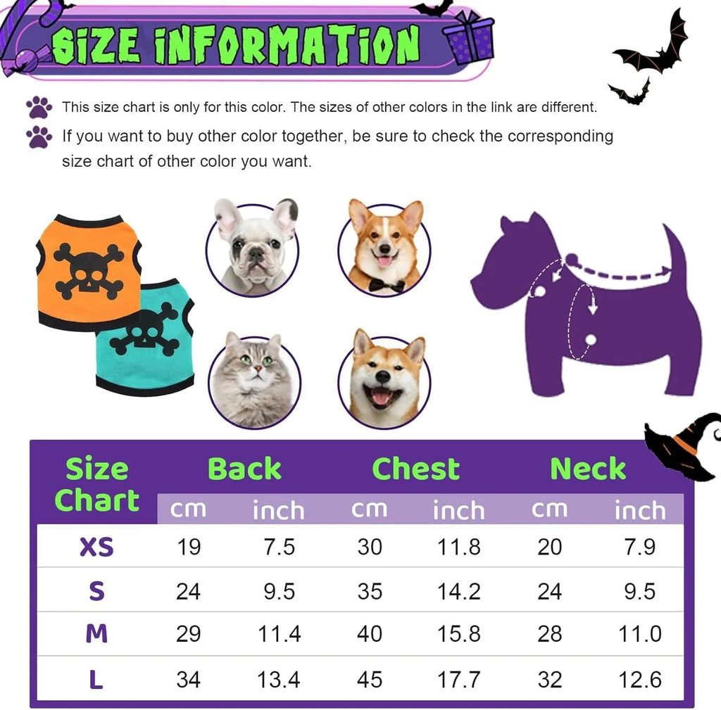 Blue Halloween dog vest with skull bones pattern on a small dog, showing stretch cotton tank top design