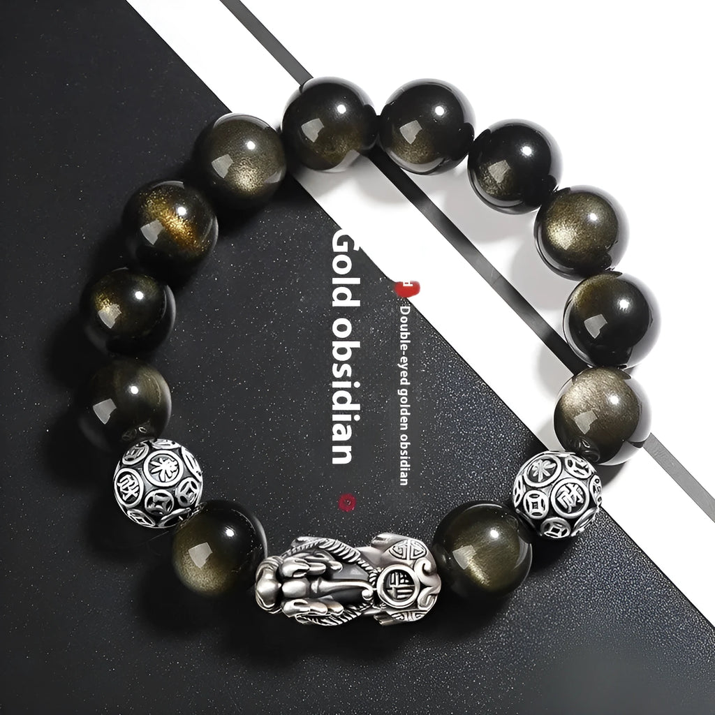 Natural obsidian bracelet in 999 sterling silver with geometric design and leather show finish