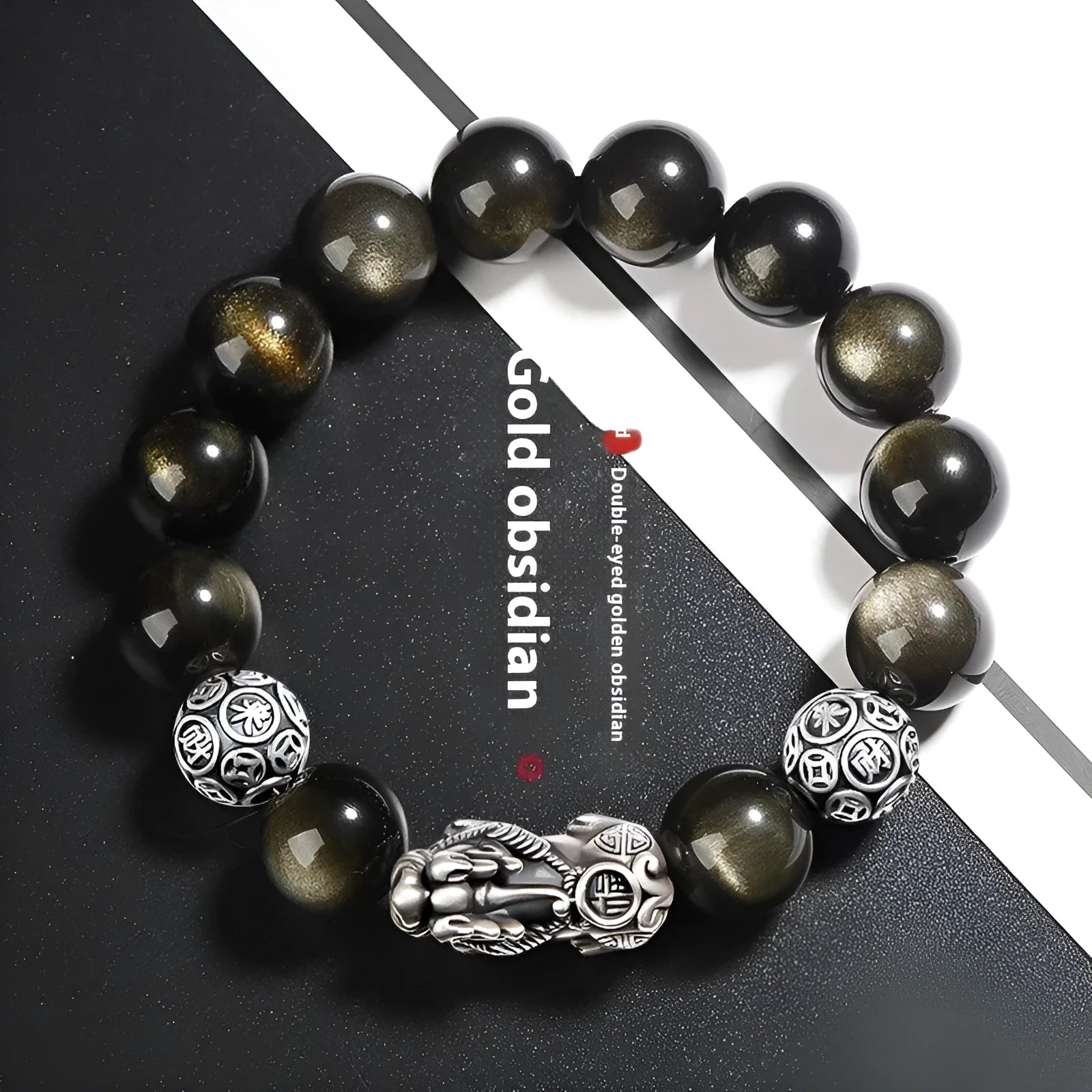 Natural obsidian bracelet in 999 sterling silver with geometric design and leather show finish