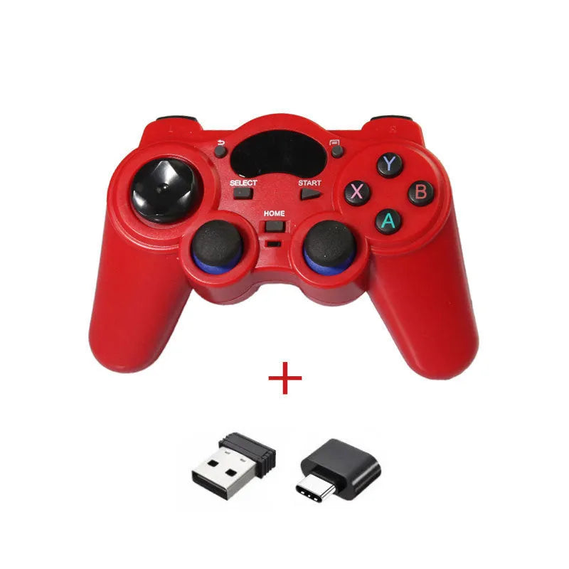Multi-platform wireless gamepad controller in black, blue, grey, or red with USB cable and adapter