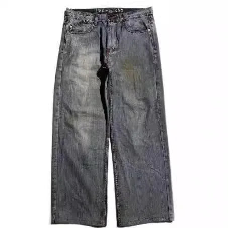 Men's grey washed-out wide-leg jeans with a retro workwear design and straight-leg silhouette.