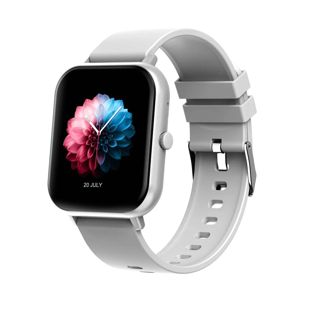 Bluetooth smart watch with touch screen displayed in black, silver grey, pink, and khaki colour options.