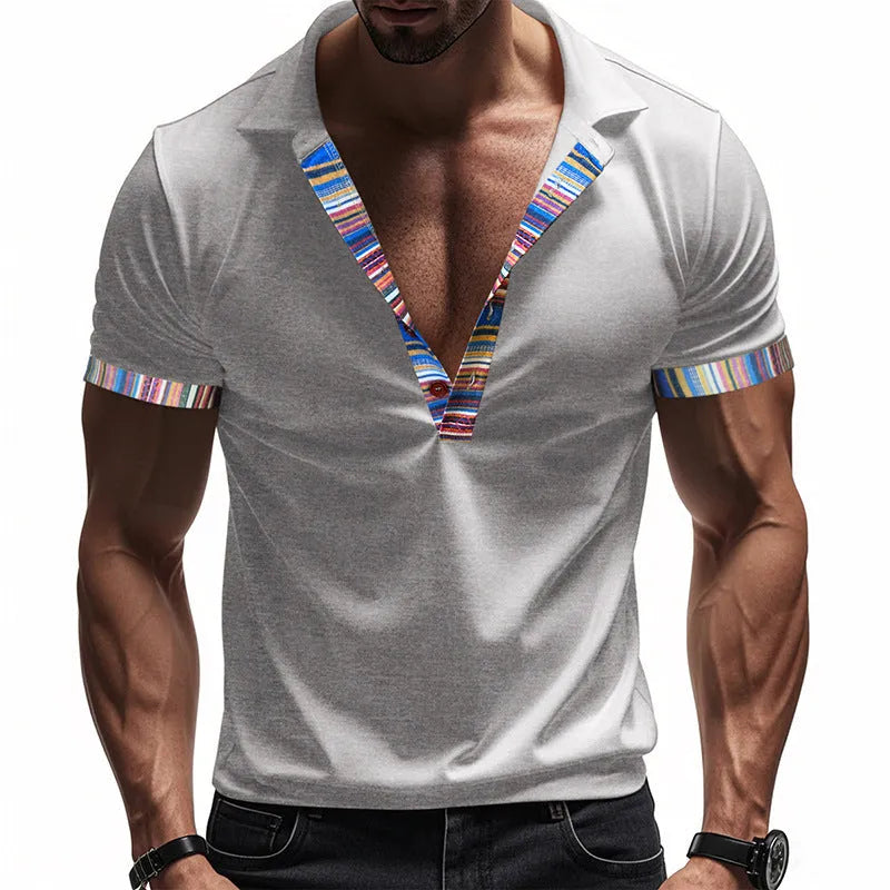 Men's short-sleeved V-neck printed loose casual polo shirt in summer colours