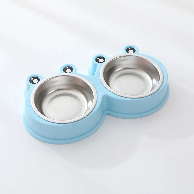 Stainless steel pet double bowl with frog design for separate food and water feeding