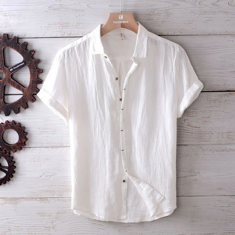 Men's solid colour retro distressed linen shirt in white, front view, summer casual button-down