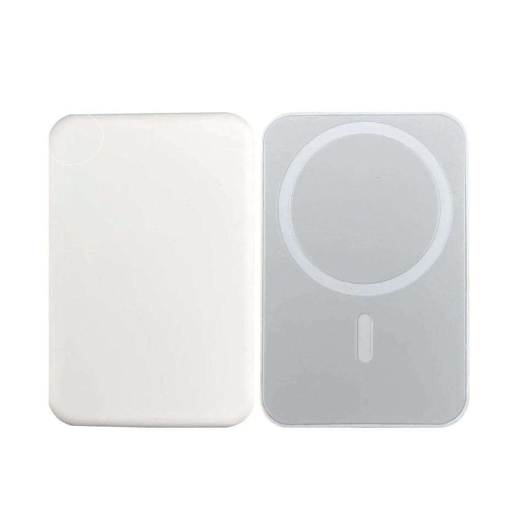White magnetic wireless charger power bank with 5000mAh capacity measuring 100mm x 65mm