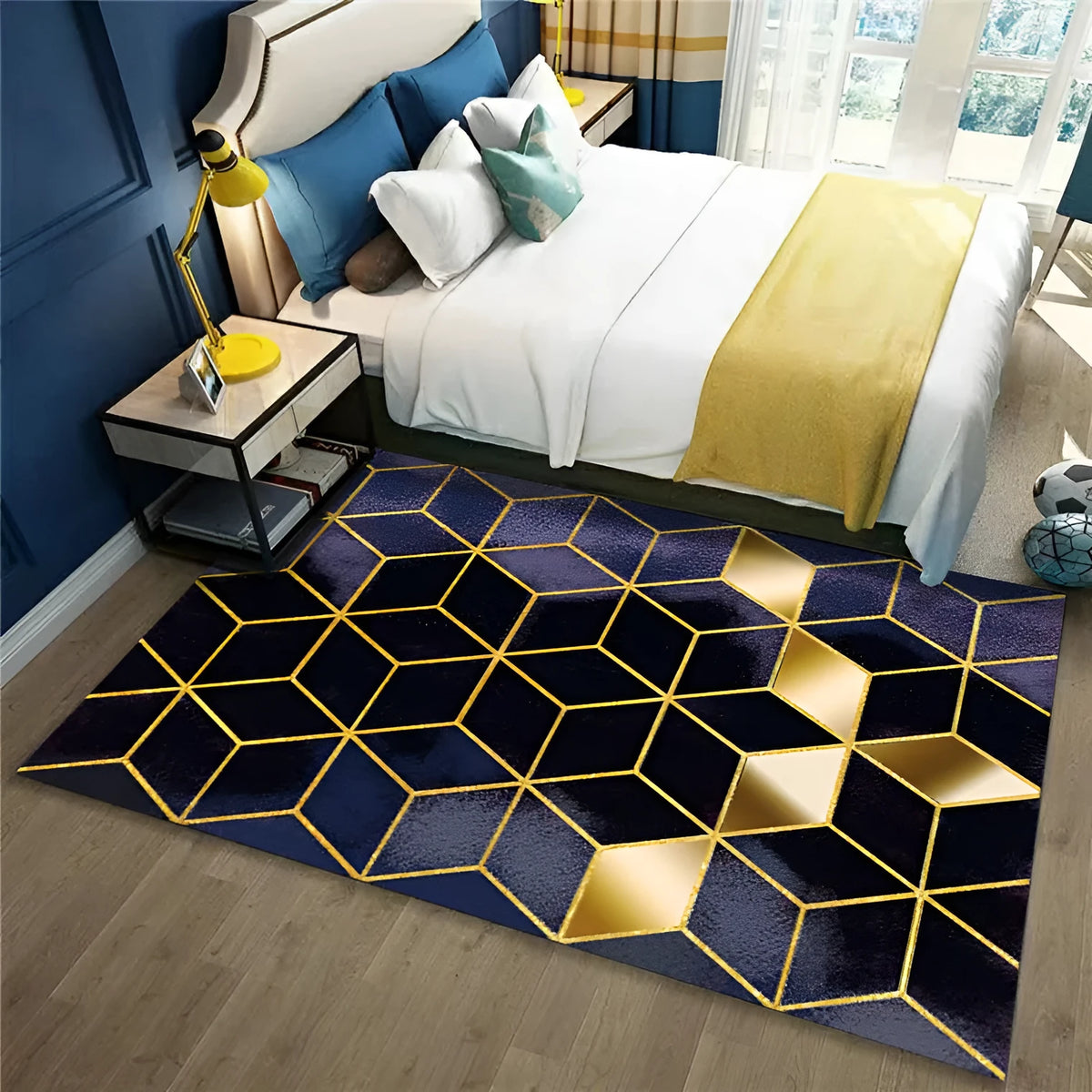 Modern minimalist geometric abstract carpet in a rectangular shape with machine woven crystal velvet finish