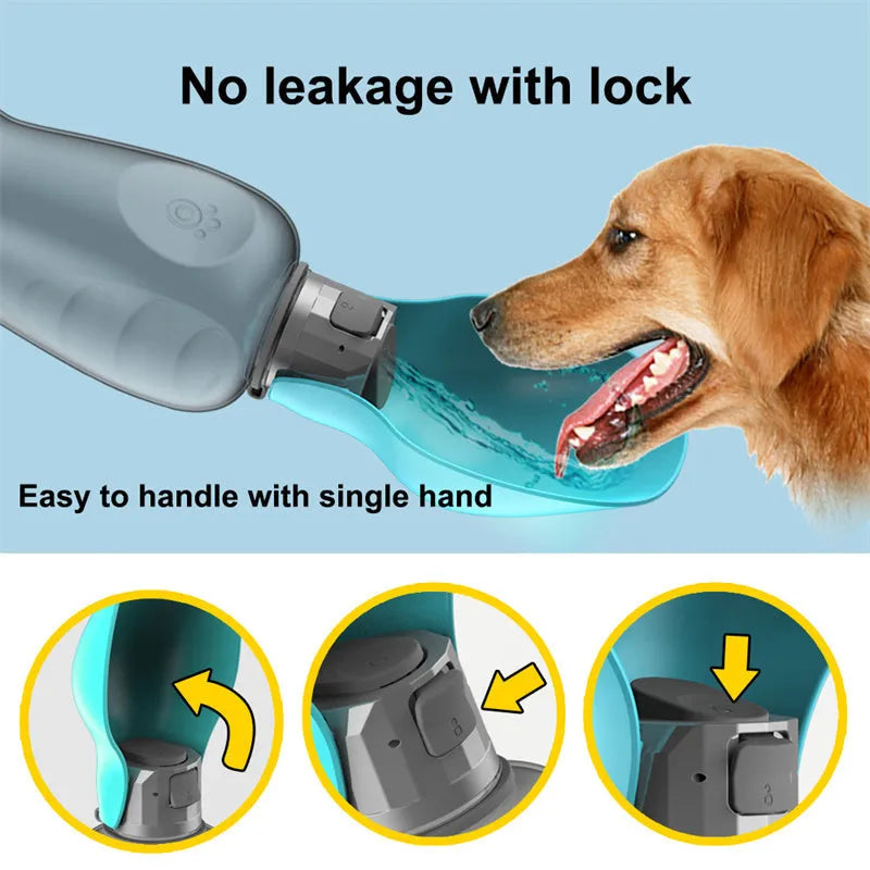 Blue grey portable dog water bottle with foldable drinking bowl extended, showing lock key.
