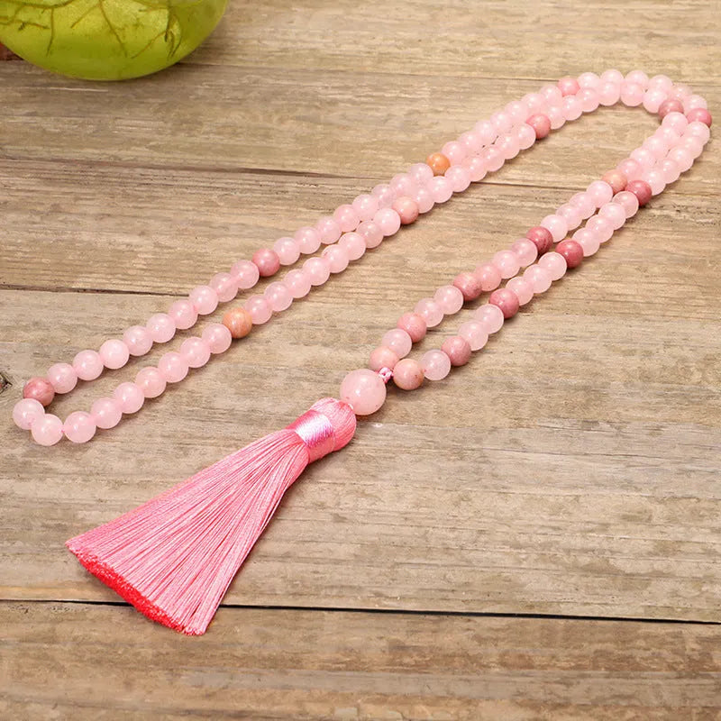 Stone bead string necklace and bracelet set with long fringe tassel pendant and drop shape crystal details