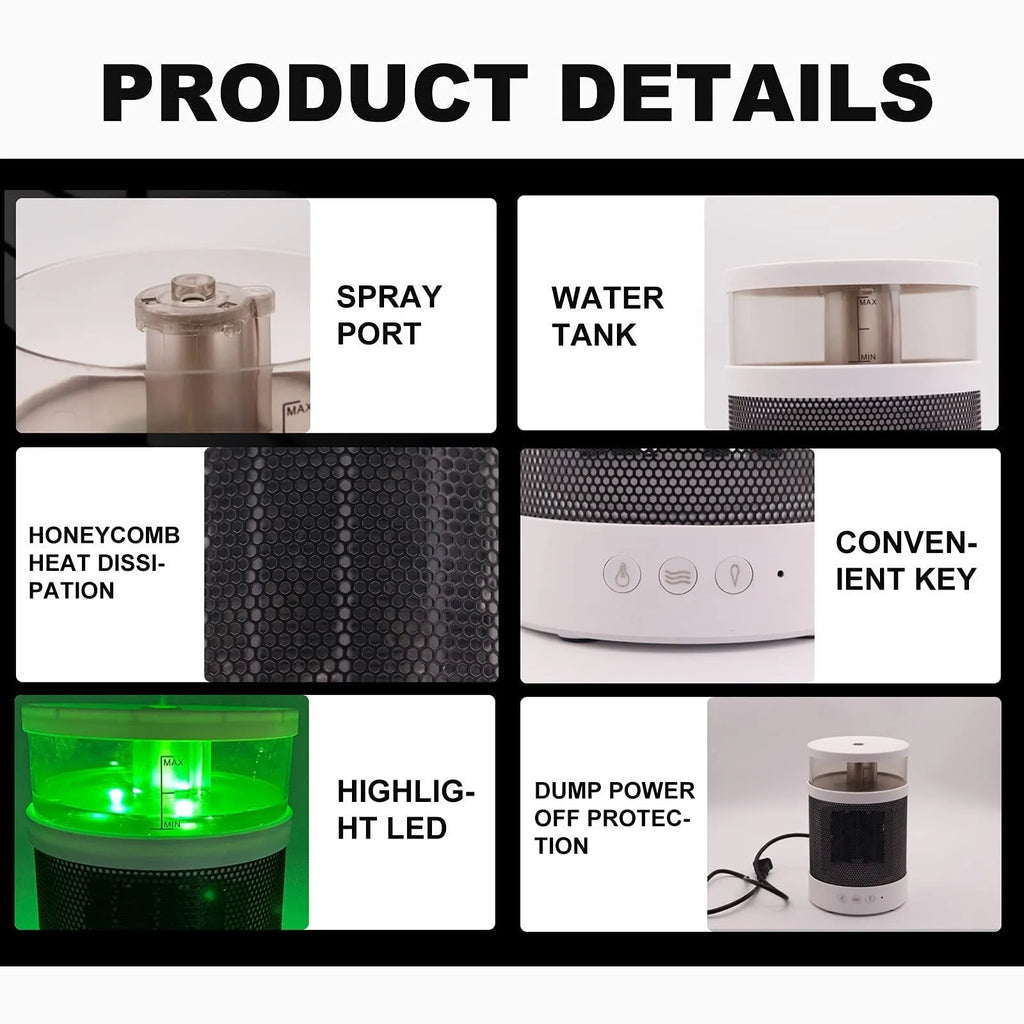 White 3 in 1 portable space heater with 400ml humidifier and colourful night light on a desk