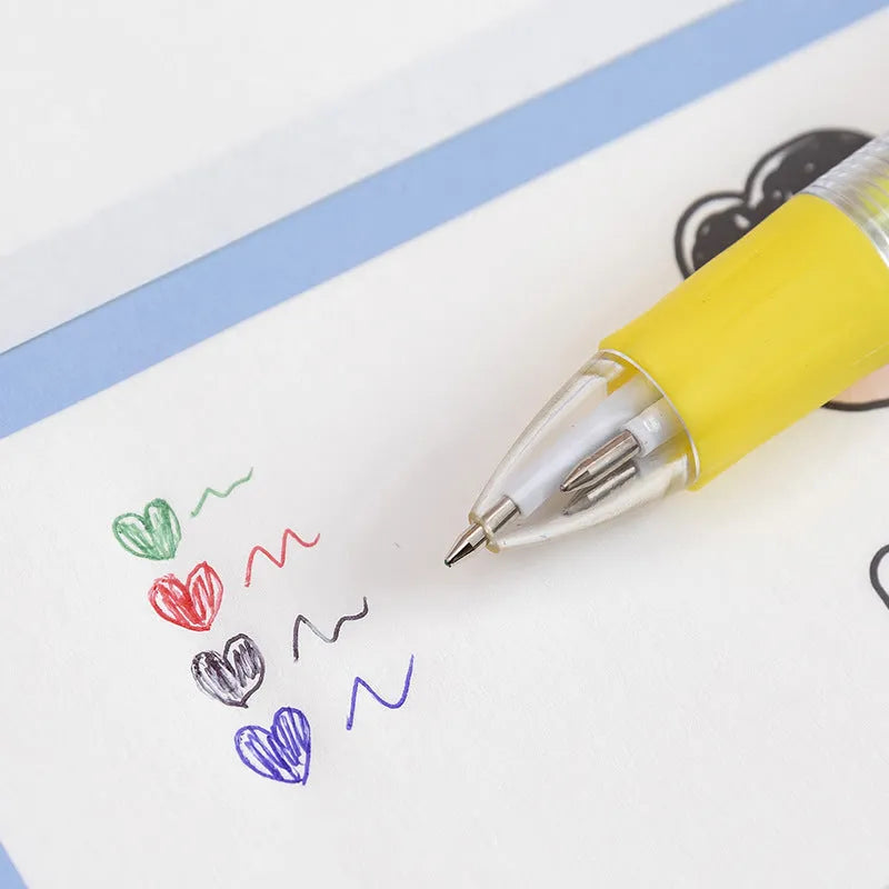 Cute cartoon-themed four-colour press-type ballpoint pen with a silicone grip and 0.7mm tip.