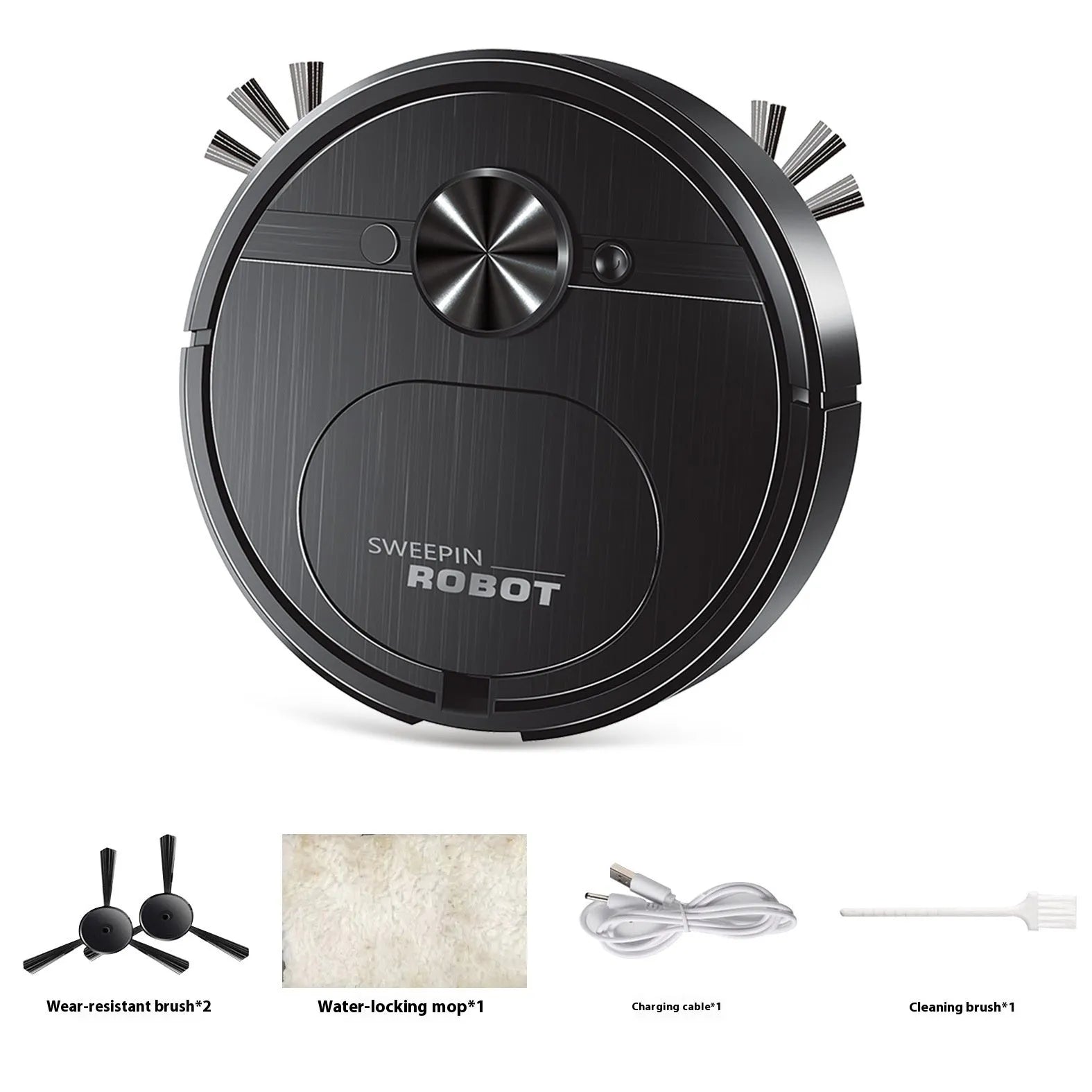 Black and white three-in-one USB charging automatic robot vacuum cleaner with mop and brushes.