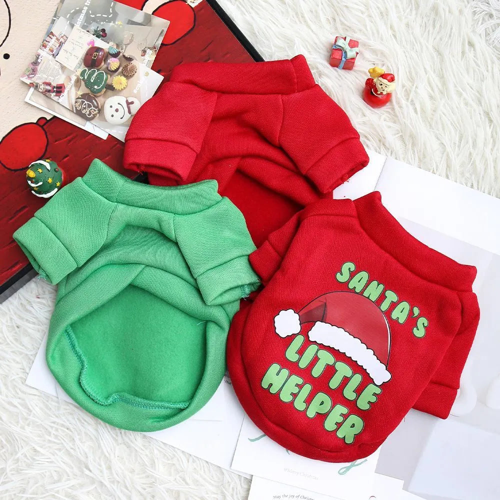 Fleece-lined pet crew neck sweater in red and green Christmas designs, sizes XS to XXL, chest 30-55cm