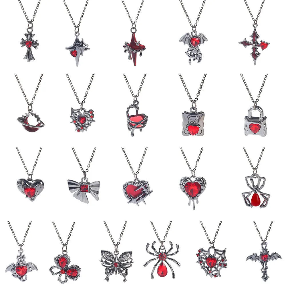 Dark gothic Halloween necklace with a choice of zinc alloy pendants: bat, spider, skull wings, cross, or love heart on a regular chain.