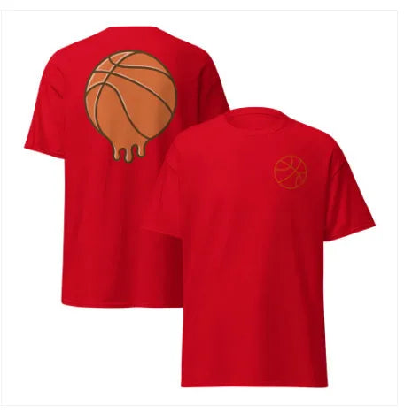 Man wearing a maroon thin mesh polyester short-sleeved T-shirt with a ball pattern.
