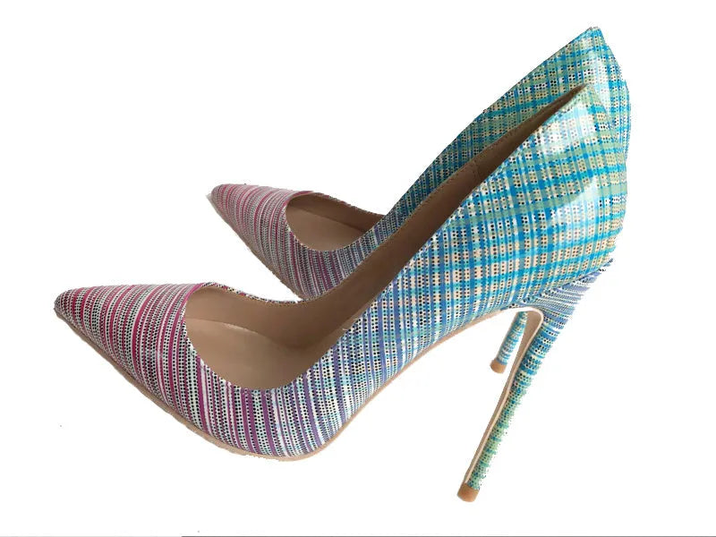 Pink-blue gradient patent leather women's high heels with pointed toe and super high heel