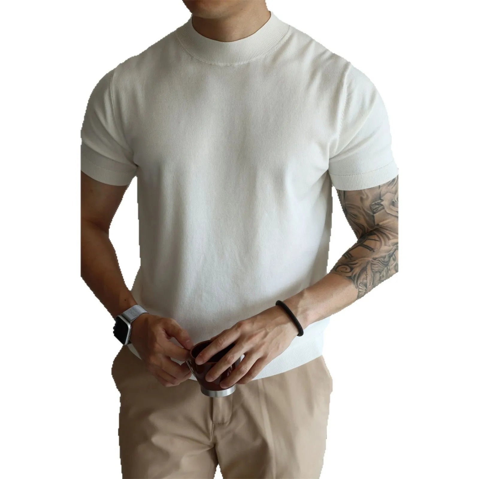 Men's slim-fit polyester T-shirt in solid colour options including white, black, grey, caramel, camel, coffee, navy, and wine red.