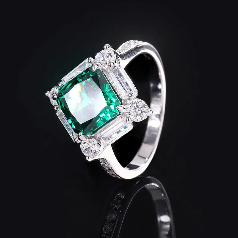 S925 silver matching jewellery set with high carbon emerald diamond necklace, earrings, and ring in princess square cut