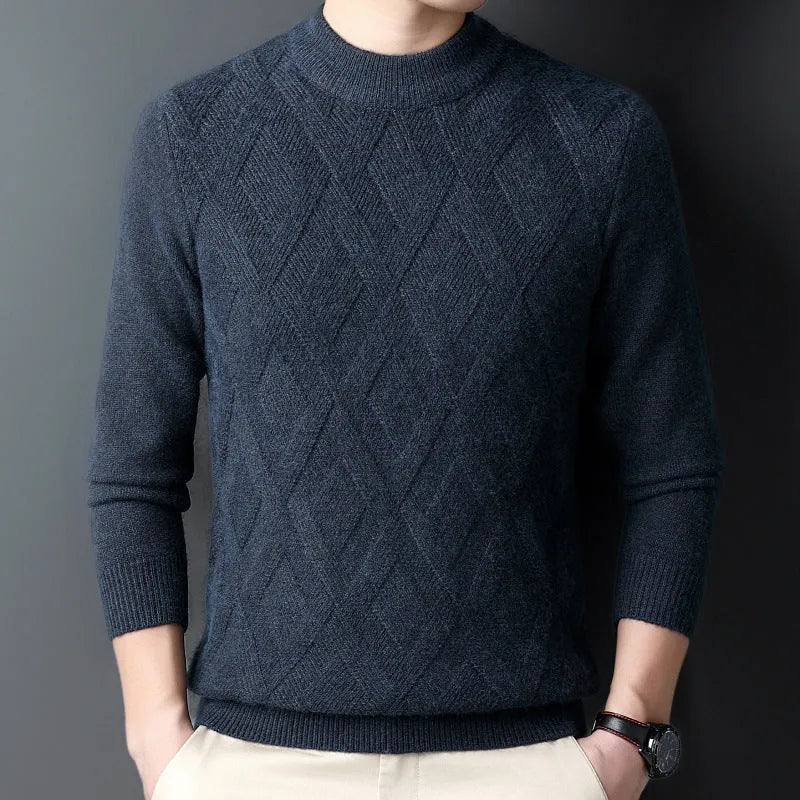 Men's diamond jacquard thermal sweater in wool blend fabric showing thick knit texture