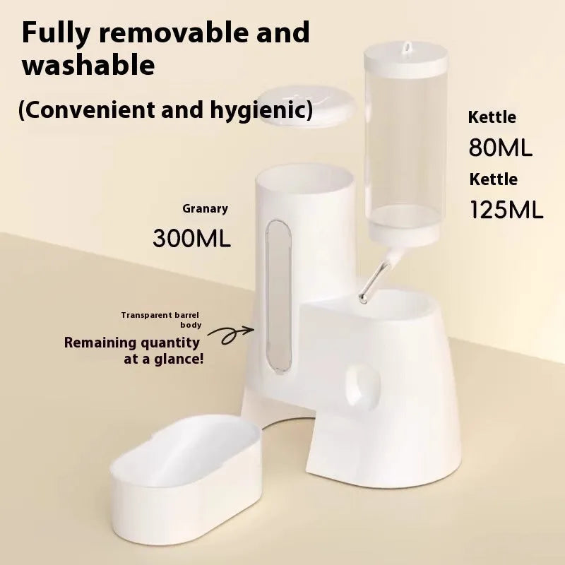 White, blue, and pink hamster automatic water feeder with attached food dish in large and small sizes.