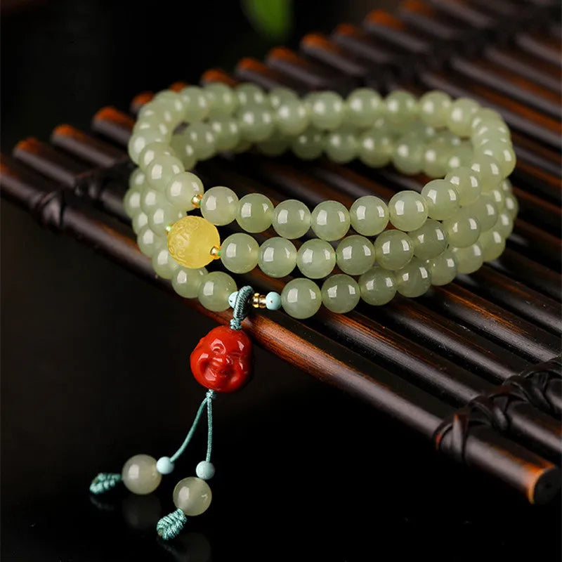 Pale blue Hetian jade bracelet with 6mm beads in three-circle traditional design