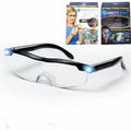 Transparent black USB LED reading glasses showing internal components with clear lenses