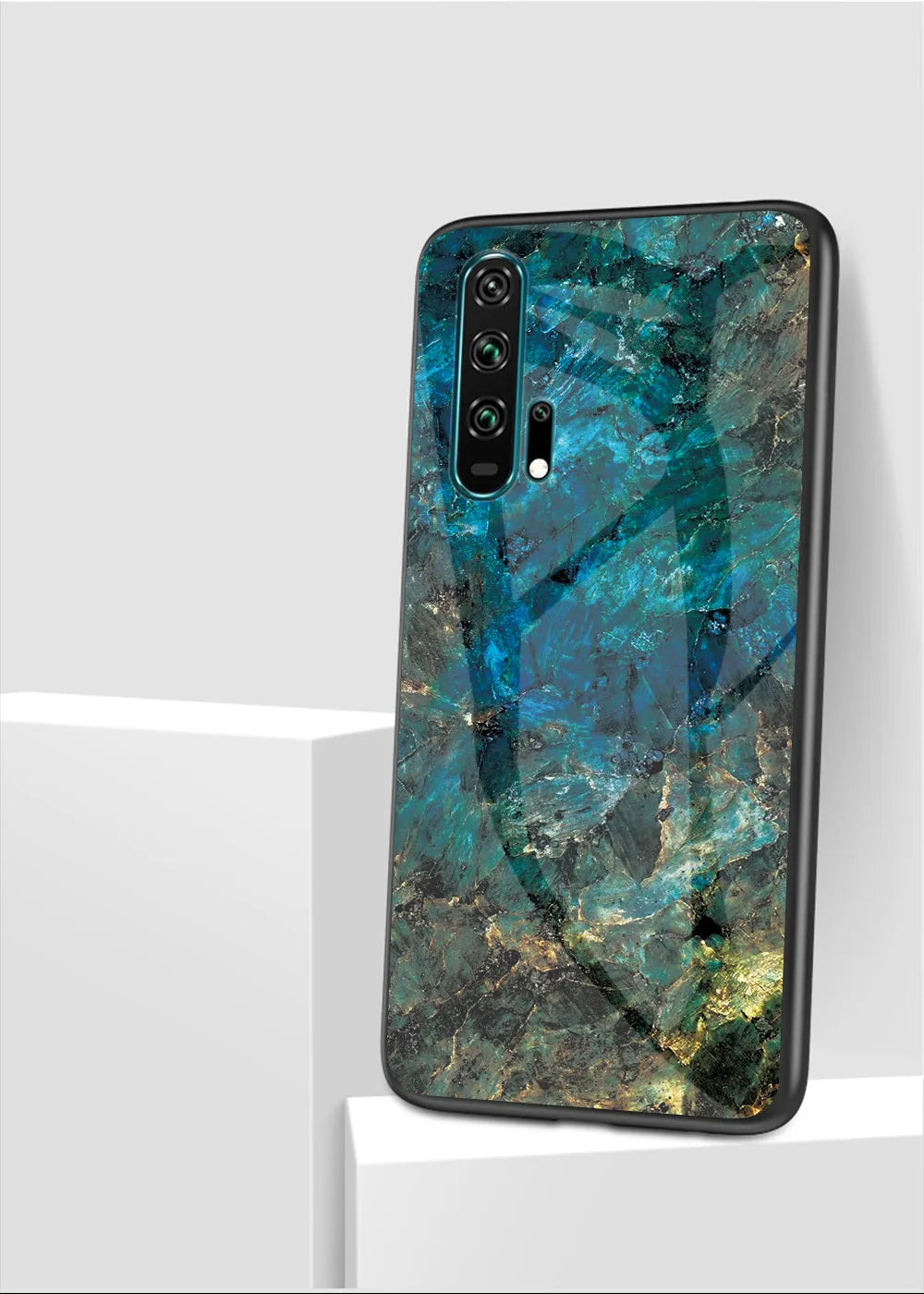 Honor 20 Pro in a black marble glass phone case with a silicone border.