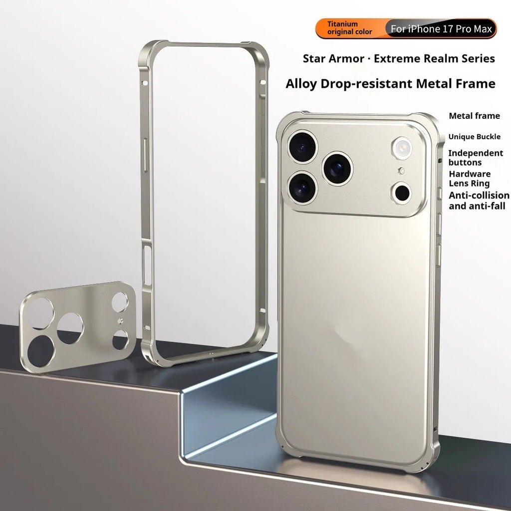 iPhone 17 series mobile phone case with a silver metal alloy frame and frosted finish, showing border-style design.