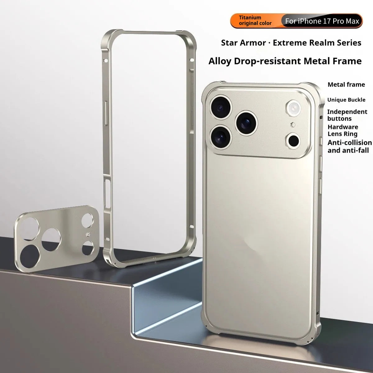 iPhone 17 series mobile phone case with a silver metal alloy frame and frosted finish, showing border-style design.