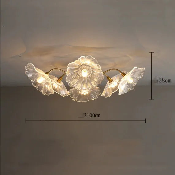 Modern creative ceiling lamp with cluster of white or purple flower shades emitting warm light.