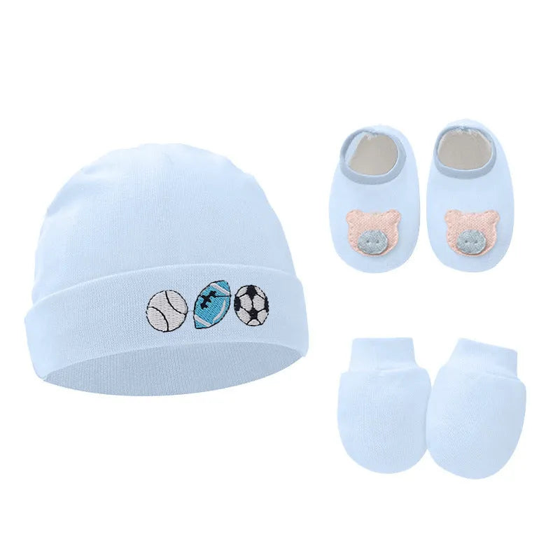 Baby cotton gloves and foot cover set with a pullover cap in multiple colour options